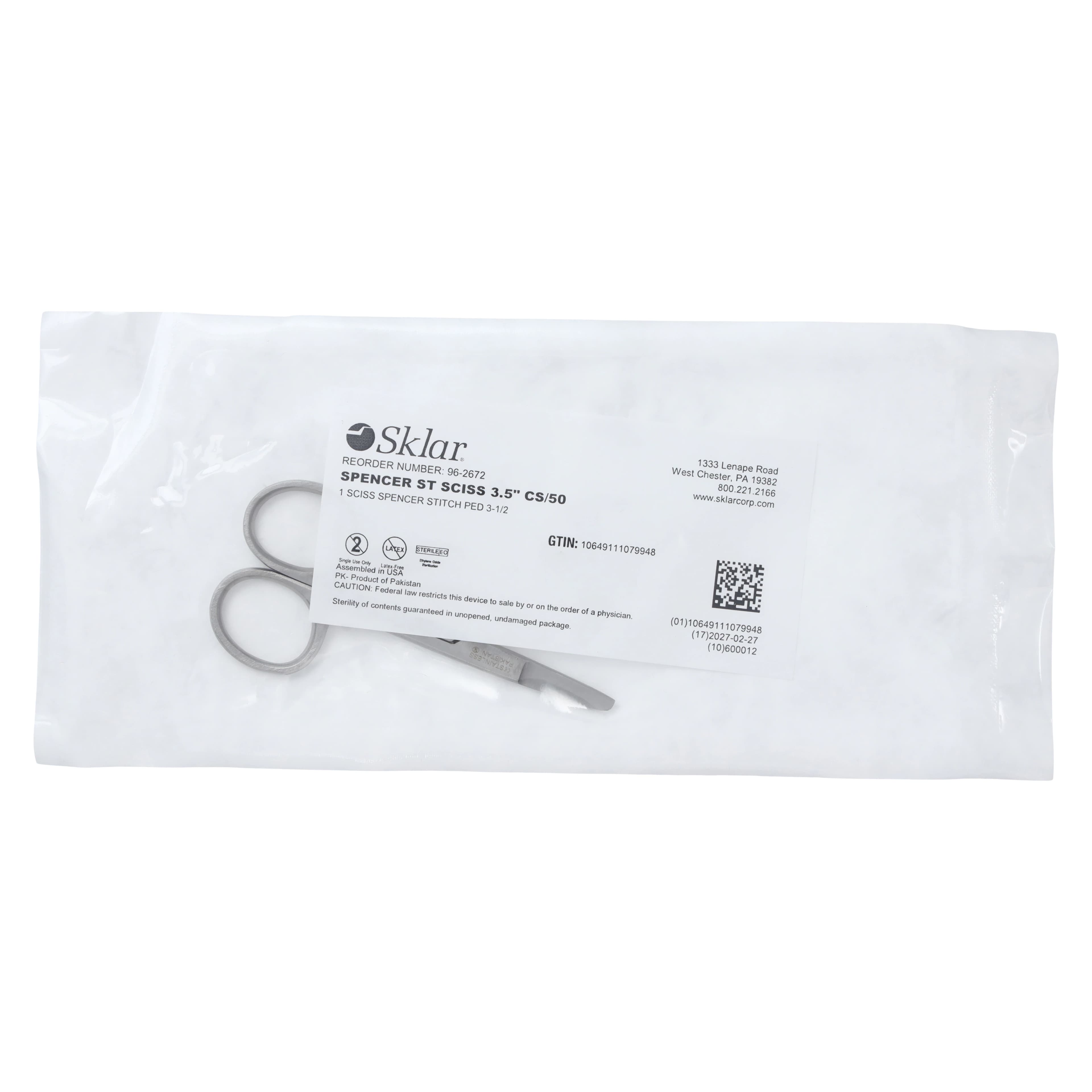 Sklar Econo Spencer (Littauer) Stitch Scissors, Straight, 3-1/2", Stainless Steel, Sterile, Disposable, Each - Scissor Stch Spencer SS Disp - Image 1