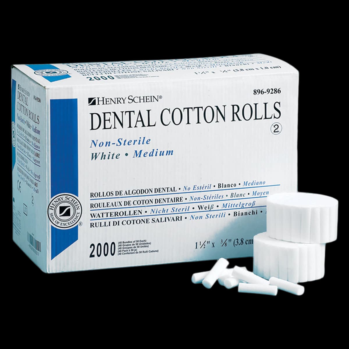 Henry Schein Premium Non-Sterile Cotton Rolls, Size 2 Medium, 0.375 in x 1.5 in, 2000/Box, 01KEZKNM7Y47BQ9ZCE3XK9AW43 - Premium Non-Sterile Cotton Rolls - Image 1