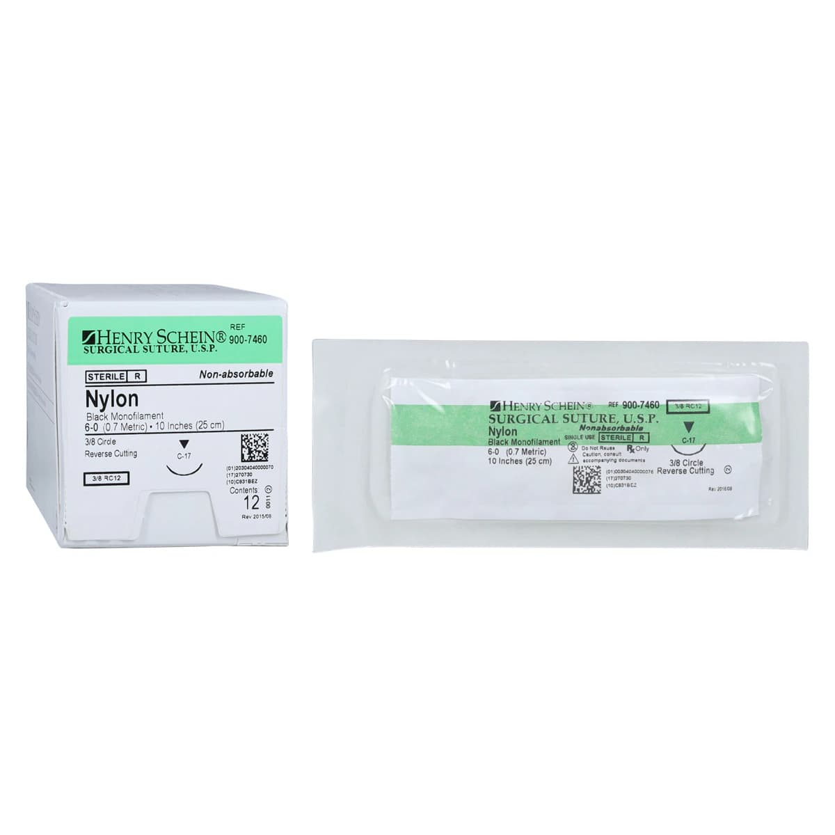 Henry Schein Black Monofilament Nylon Non-Absorbable Surgical Sutures, 6-0, 10" Length, C-17 Precision Reverse Cutting 3/8 Circle Needle, 12mm, 12/Box - Black Monofilament Nylon Non-Absorbable Surgical Sutures - Image 1