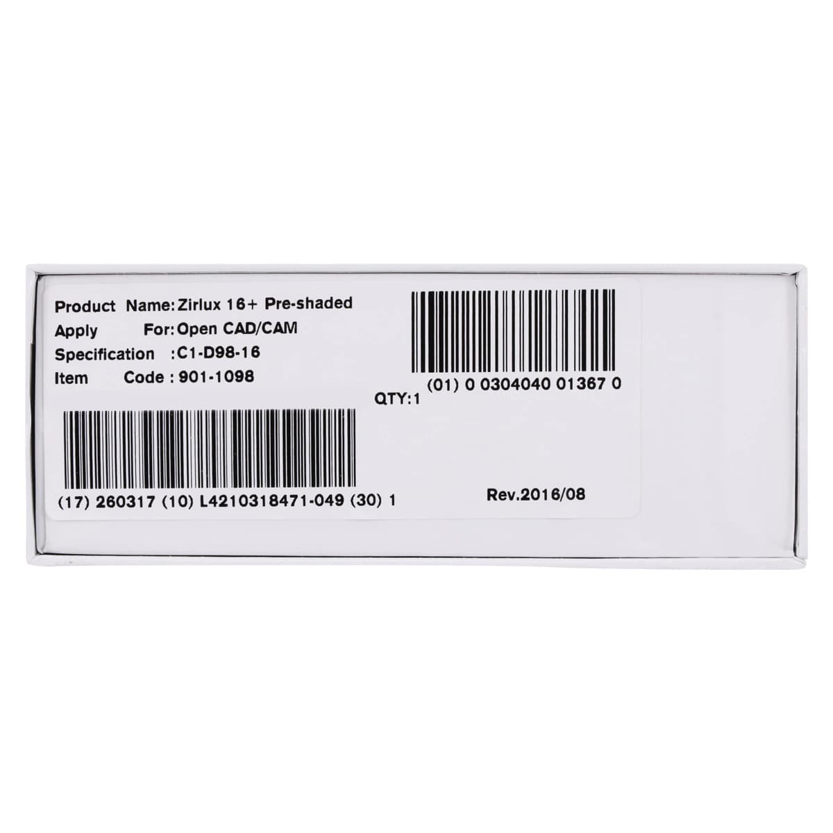 Zirlux 16+ Zirconia Disc C1, 98x16mm, Each - Zirlux 16+ C1 - Image 1