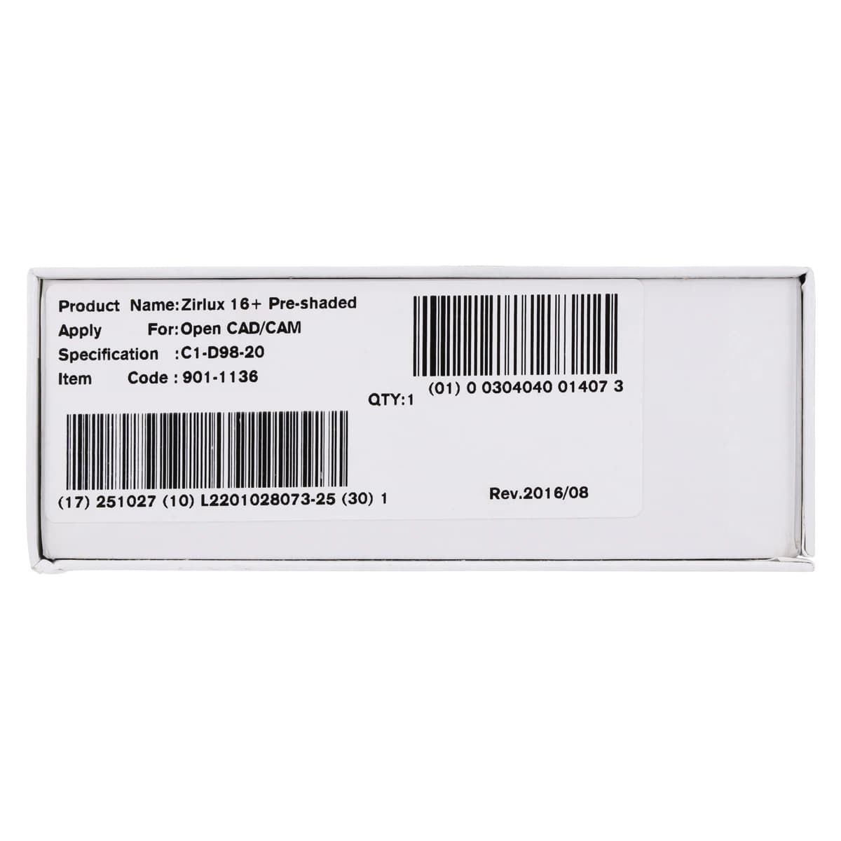 Zirlux 16+ Zirconia Disc C1, 98x20mm, Each - Zirlux 16+ C1 - Image 1