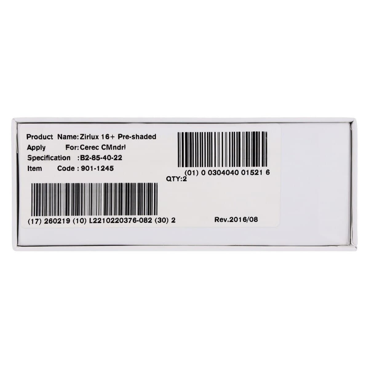 Zirlux 16+ Zirconia Block B2 85x40x22, 2/Package - Zirlux 16+ B2 85x40x22 - Image 1