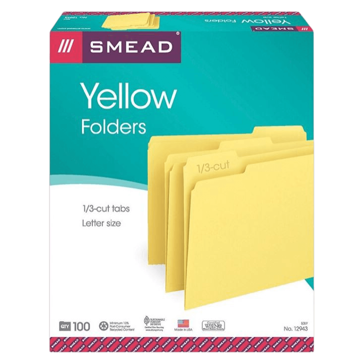 Smead Color File Folders, Letter Size, 1/3 Cut, Yellow, 100/Box - FOLDER,LETTER,100CT,YELLO - Image 1