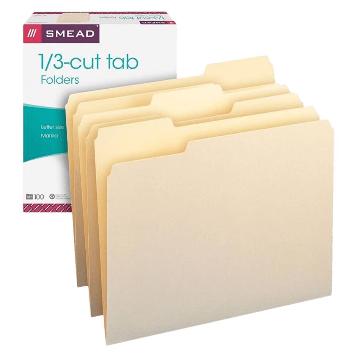Smead Manila File Folders, Letter Size, 1/3 Cut Tab, 100/Box - Folder File Ltr 1/3 Cut M - Image 1