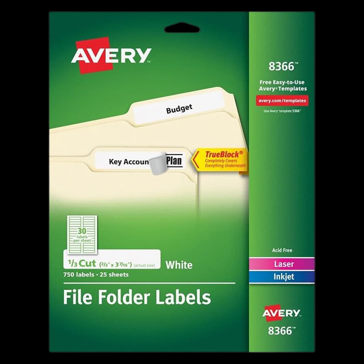 Avery Permanent File Folder Labels, White, 2/3" x 3 7/16", 750/Package - Label Ij File Wht 750ct - Image 1