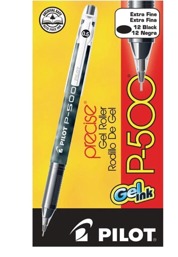 Pilot P-500 Gel Ink Rollerball Pen, Extra Fine Point 0.5 mm, Black, 12/Pack - Pen Rollerball P500 - Image 1
