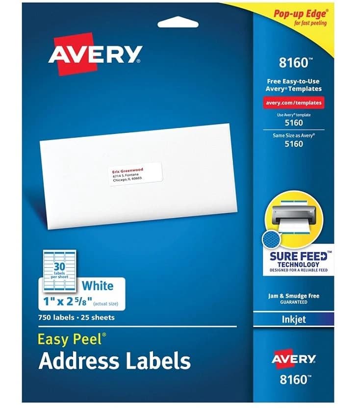 Avery White Inkjet Address Labels, 1" x 2 5/8", 750/Box - Label Ij Addr Wht 750ct - Image 1