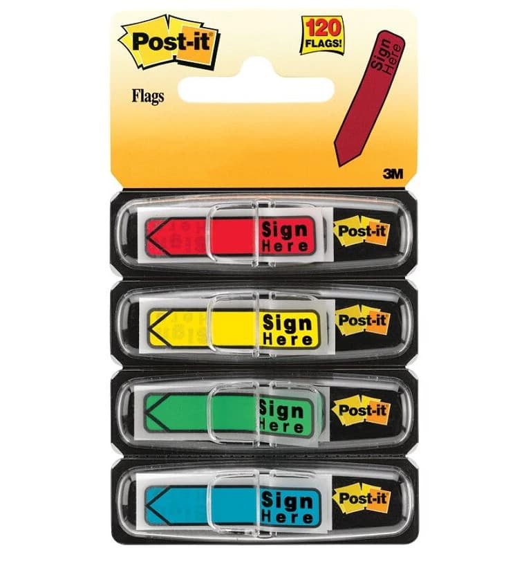 Sign Here Tape Flag, Arrow Printed, 1/2 in, Assorted Colors, 30 Flags/Pad, 4 Pads/Pack - Sign Here Tape Flag - Image 1