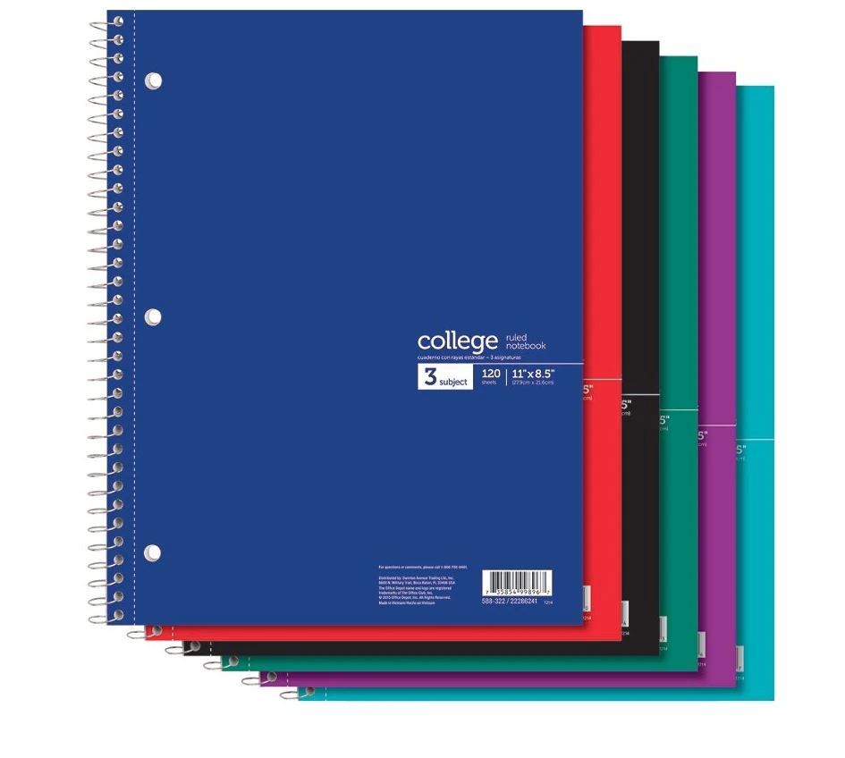 Office Depot Spiral Notebook, 3 Subjects, College Ruled, 120 Sheets, Assorted Colors - Spiral Notebook 3Subjs 120Pg - Image 1