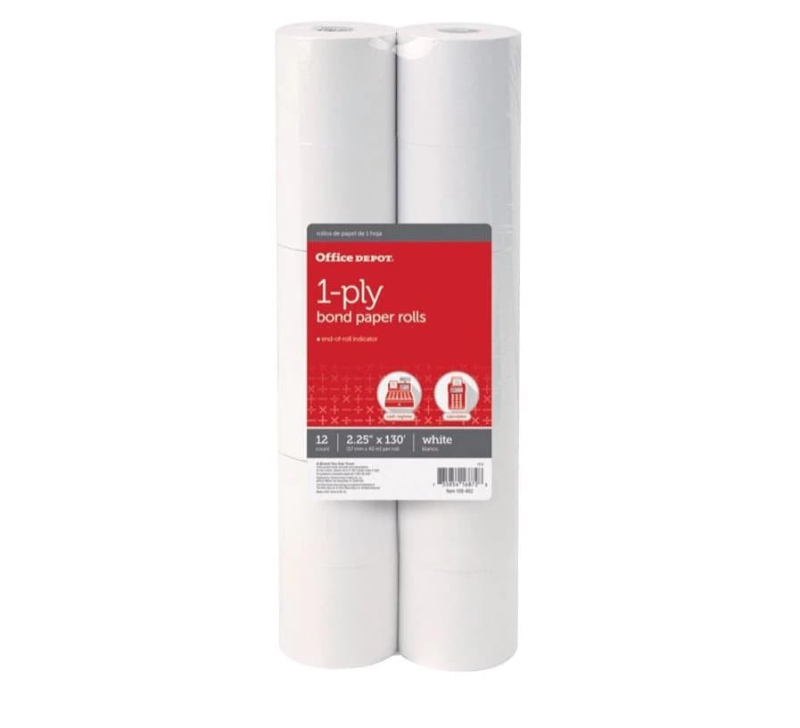 Office Depot Paper Roll, Single-Ply, 2-1/4" x 130 ft, White, 12/Pack - Paper Roll 2-1/4x130 Sngl Ply - Image 1