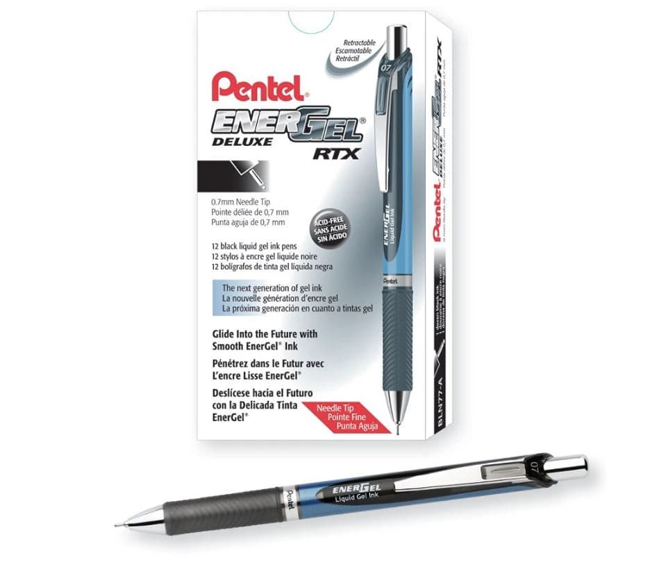 Pentel EnerGel Deluxe RTX Retractable Gel Pen, Needle Point 0.7 mm, Black Ink, 12/Pack - Pen Gel Liquid Rt Dz Black - Image 1