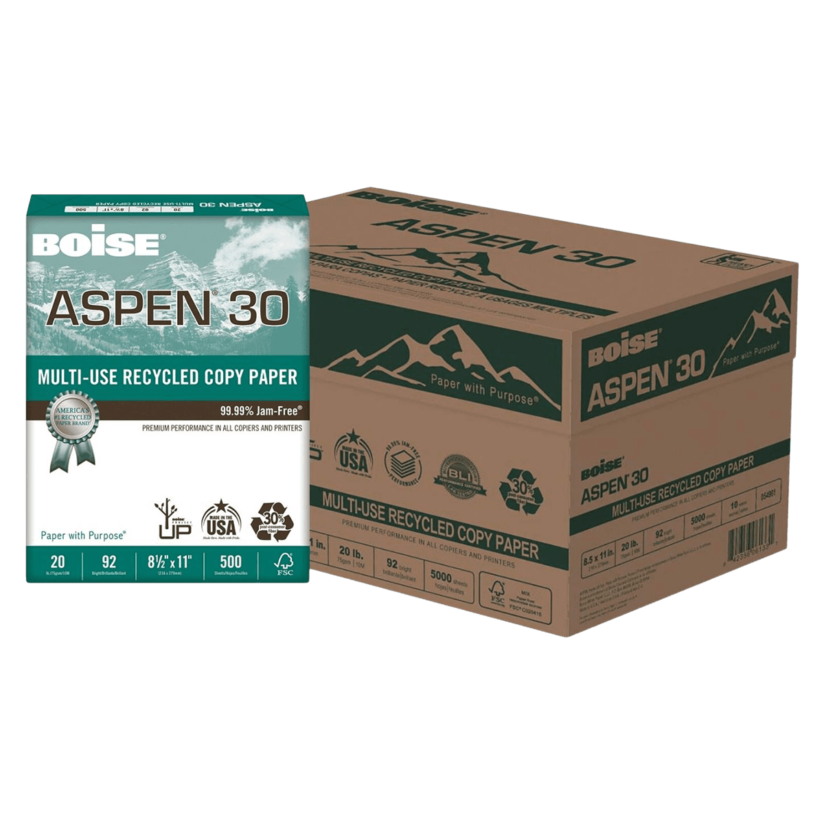 Boise Aspen 30% Recycled Multipurpose Paper, Letter Size (8.5" x 11"), White, 500 Sheets/Ream, 10 Reams/Case - Paper Boise Aspn 30%Rec Ltr Wh - Image 1