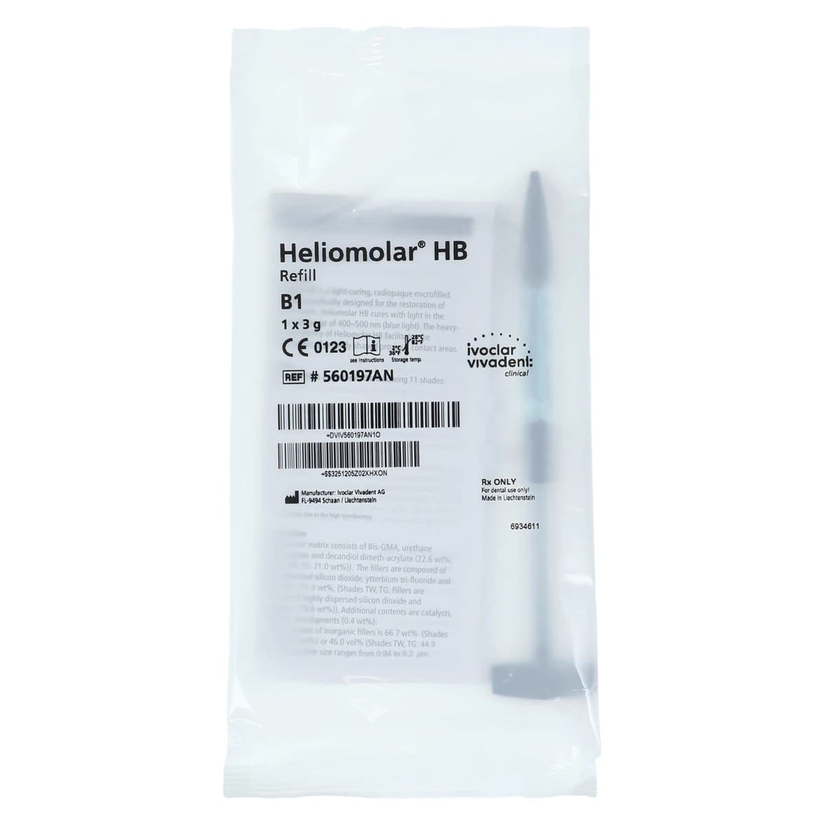 Heliomolar HB Posterior Composite Syringe Refill, Shade B1, 3g, 560197AN - Heliomolar HB Shade B1 3g Syringe Refill - Image 1