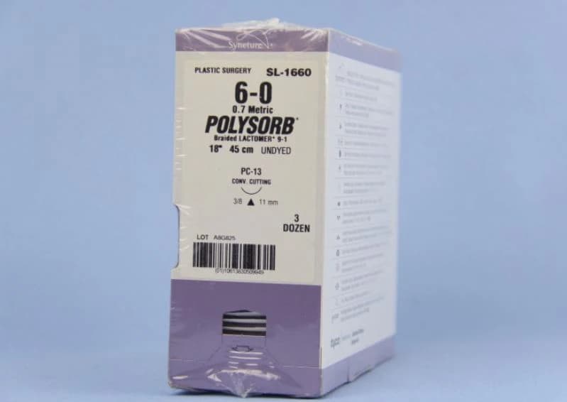 Medtronic Polysorb Absorbable Suture, 6-0, 18", PC-13 Conventional Cutting 3/8 Circle Needle 11mm, Undyed, 36/Case - Suture Polysorb Undyed PC-13 - Image 1