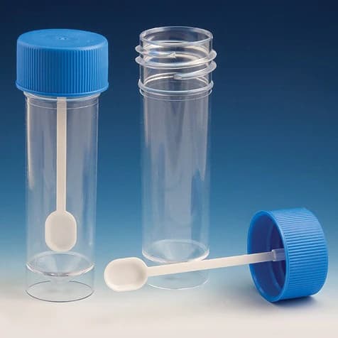 Globe Scientific Fecal Specimen Container, 30mL, Polystyrene, with Spoon and Attached Screw Cap, Non-Sterile, Clear, Conical Bottom, Self-Standing, 25x90mm, 500/Case - Container Fecal,Spoon&Screwcap - Image 1