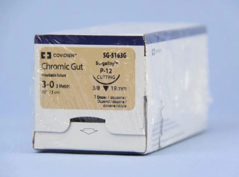 Surgigut Chromic Gut Suture, 3-0, 30", P-12 Premium Reverse Cutting 3/8 Circle Needle 19mm, Coated, Undyed, 12/Package - Suture Chromic Gut Undyed P-12 - Image 1