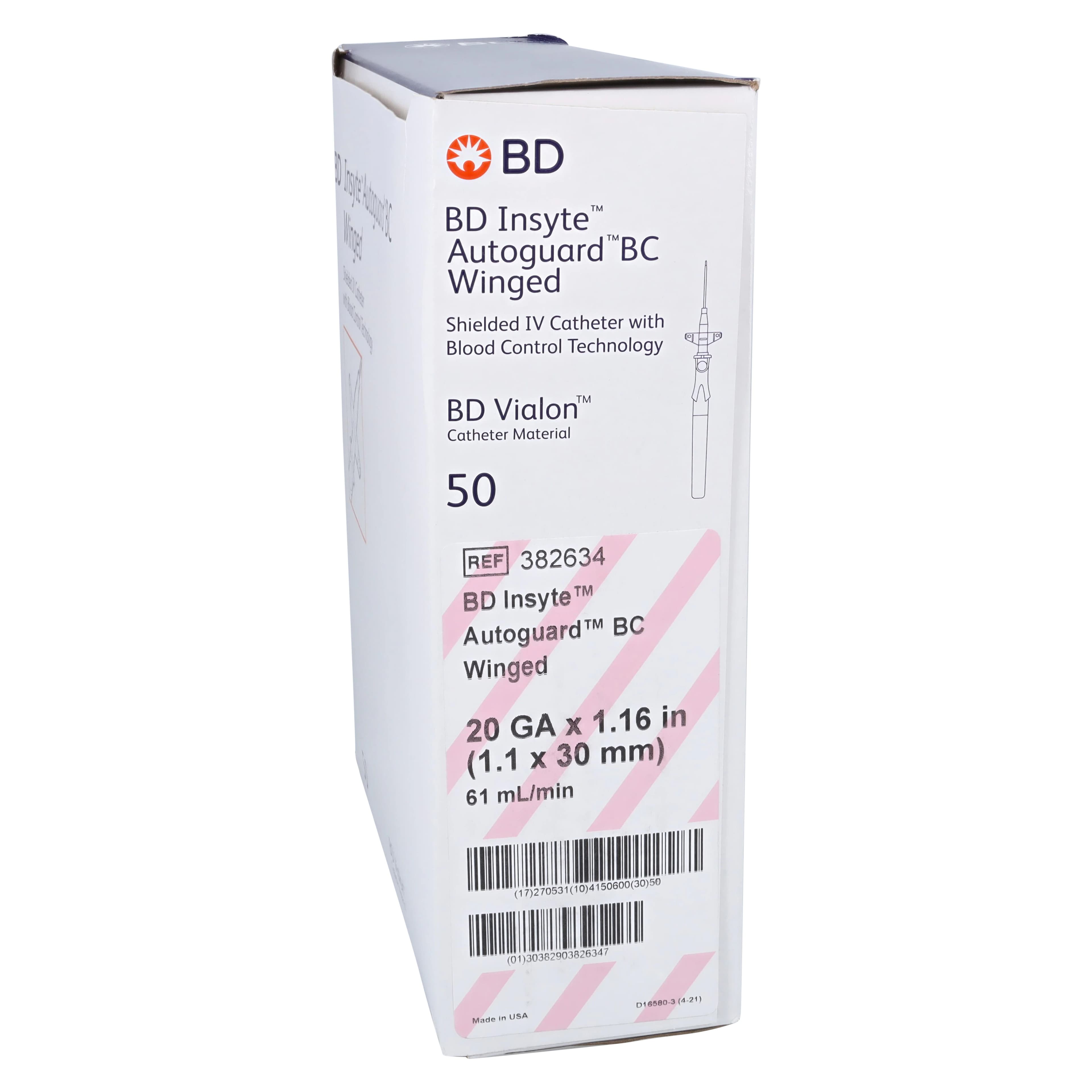 BD Insyte Autoguard BC Winged IV Catheter, 20 Gauge, 1.16" (30 mm), Vialon Biomaterial, Sterile, Shielded with Wings, 50/Box - Insyte Autoguard BC Winged PNK - Image 1
