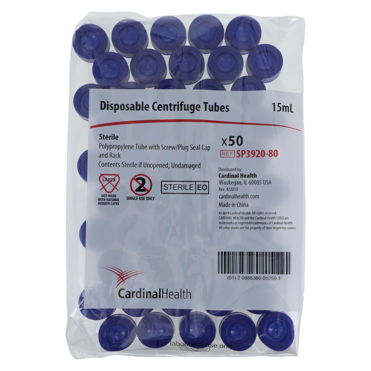 Cardinal Health Centrifuge Tube, Polypropylene, 15mL, Graduated, Clear, Snap Cap, Conical Bottom, Sterile, Racked, 10/Case - Tube Sp Centrifg Pp W/Plug Cap - Image 1