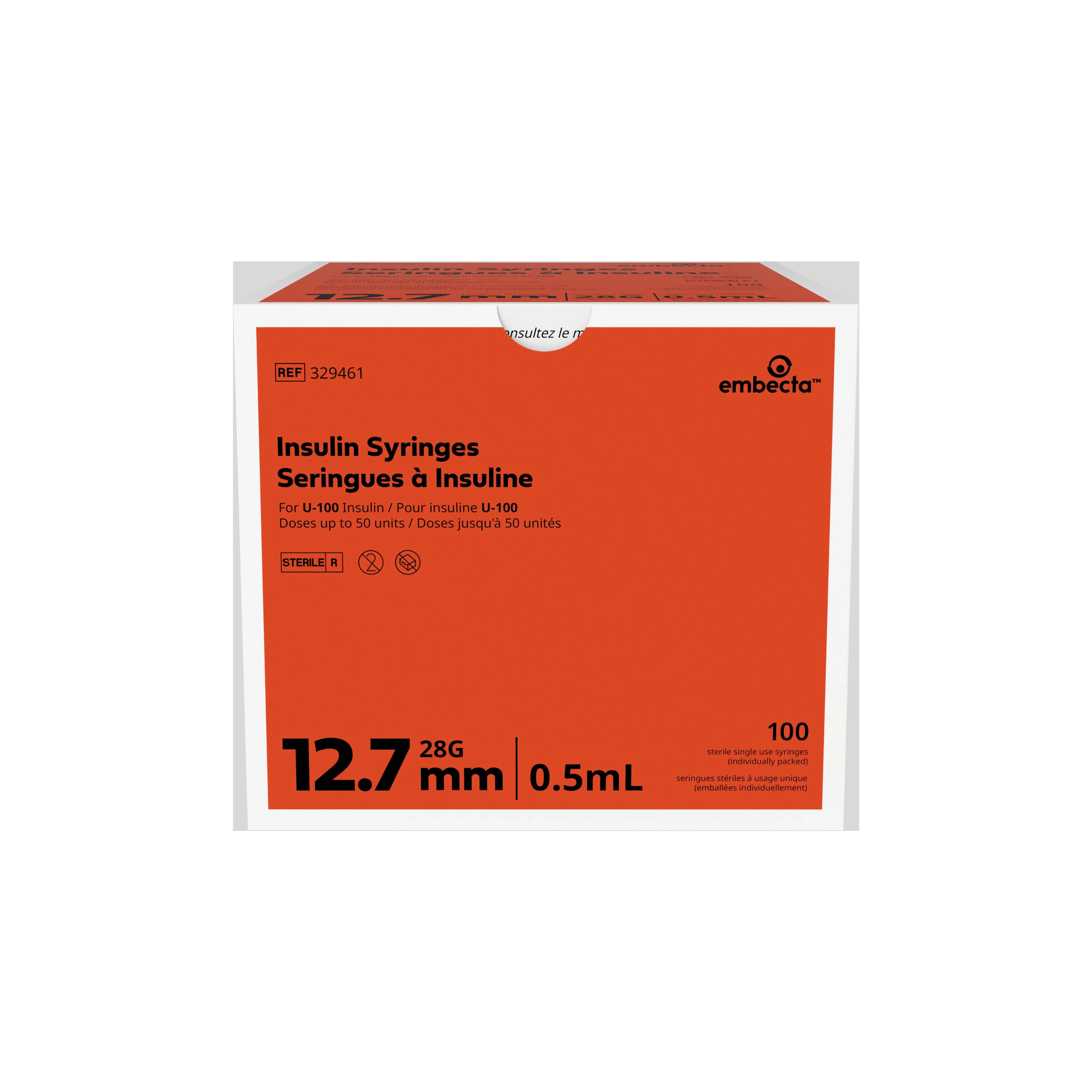 Embecta Insulin Syringe U-100, 0.5cc, 28 Gauge x 1/2", Micro-Fine IV, Lo-Dose, Sterile, 100/Box - embecta Insulin Syr U100 .5cc - Image 1