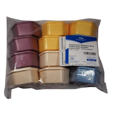 Patterson® Plastic Denture Box, Assorted Colors, 2-1/2" W x 1-3/4" D x 3-1/2" L, 12/Pkg - Patterson® Plastic Denture Box – 2-1/2” W x 1-3/4” D x 3-1/2” L, 12/Pkg - Assorted - Image 1