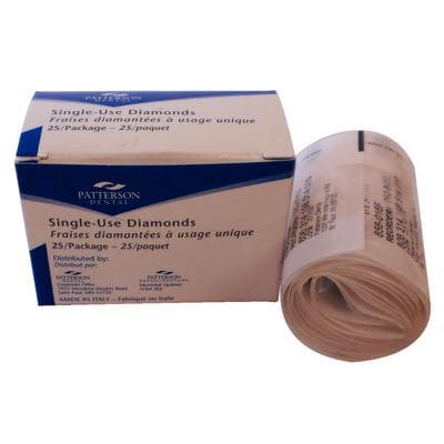 Patterson® Disposable Diamond Bur, FG, Fine Grit, Red Ring, Round End, 1.6 mm Diameter, 8.0 mm Length, 25/Pkg, #856-016F - Patterson® Disposable Diamonds – FG, Fine, Red, Round End, 25/Pkg - # 856-016F, 1.6 mm Diameter, 8.0 mm Length - Image 1