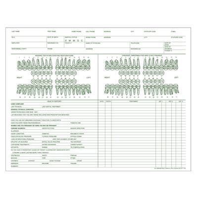 Dental Exam Forms, 11" W x 8-1/2" H, 2-Sided, Green Design, 100/Pkg, #9662 - Dental Exam Forms, 11" W x 8-1/2" H, 100/Pkg - 80 lb cover stock, #9662 - Image 1