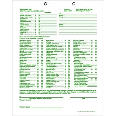 Health History Questionnaire Form, 8-1/2" x 11", 2-Sided, 2-Hole Punched, 100/Pkg - Health History Questionnaire, 8-1/2 W x 11 H, 100/Pkg - Form - Image 1