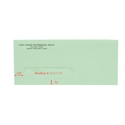 #10 Single Window Personalized Envelopes, 9-1/2" W x 4-1/8" H, Self-Seal, Green, 500/Pkg - #10 Single Window Personalized Envelopes , 9-1/2 W x 4-1/8 H, 500/Pkg - Self-Seal, Green, Personalized - Image 1