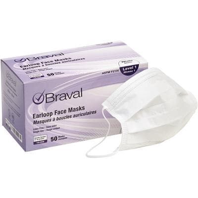 Braval Earloop Face Masks, Latex Free, ASTM Level 1, Fluid-Resistant, White, 50/Pkg, 10 Pkg/Case - Braval Earloop Face Masks – Latex Free, 50/Pkg, 10 Pkg/Case - ASTM Level 1, White - Image 1
