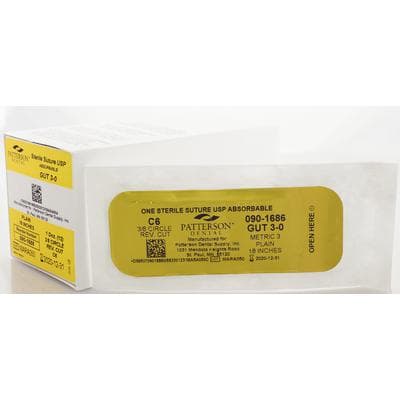 Patterson® Plain Gut Dental Surgical Absorbable Sutures, Size 3-0, DS18, 3/8 Circle, Reverse Cutting, 18" Length, 12/Pkg - Patterson® Plain Gut Dental Surgical Absorbable Sutures - Size 3-0, DS18, 3/8 Circle, Length 18" - Image 1