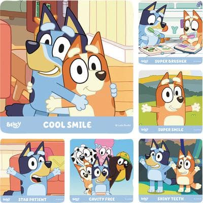 Licensed TV Cartoon Stickers, 2-1/2" W x 2-1/2" H, 6 Designs/Roll, 100/Roll - Bluey - Licensed TV Cartoon Stickers, 2-1/2 W x 2-1/2 H, 6 Designs/Roll, 100/Roll - Bluey - Image 1