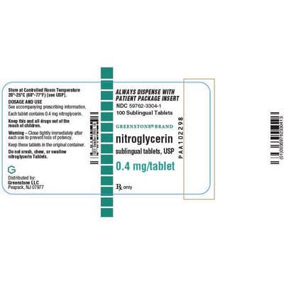 Nitroglycerin Sublingual Tablets, 0.4 mg, 100/Bottle, NDC 59762-3304-01 - Nitroglycerin Sublingual Tablets – 0.4 mg Strength, 100/Pkg - Nitroglycerin Sublingual Tablets – 0.4 mg Strength, 100/Pkg - Image 1