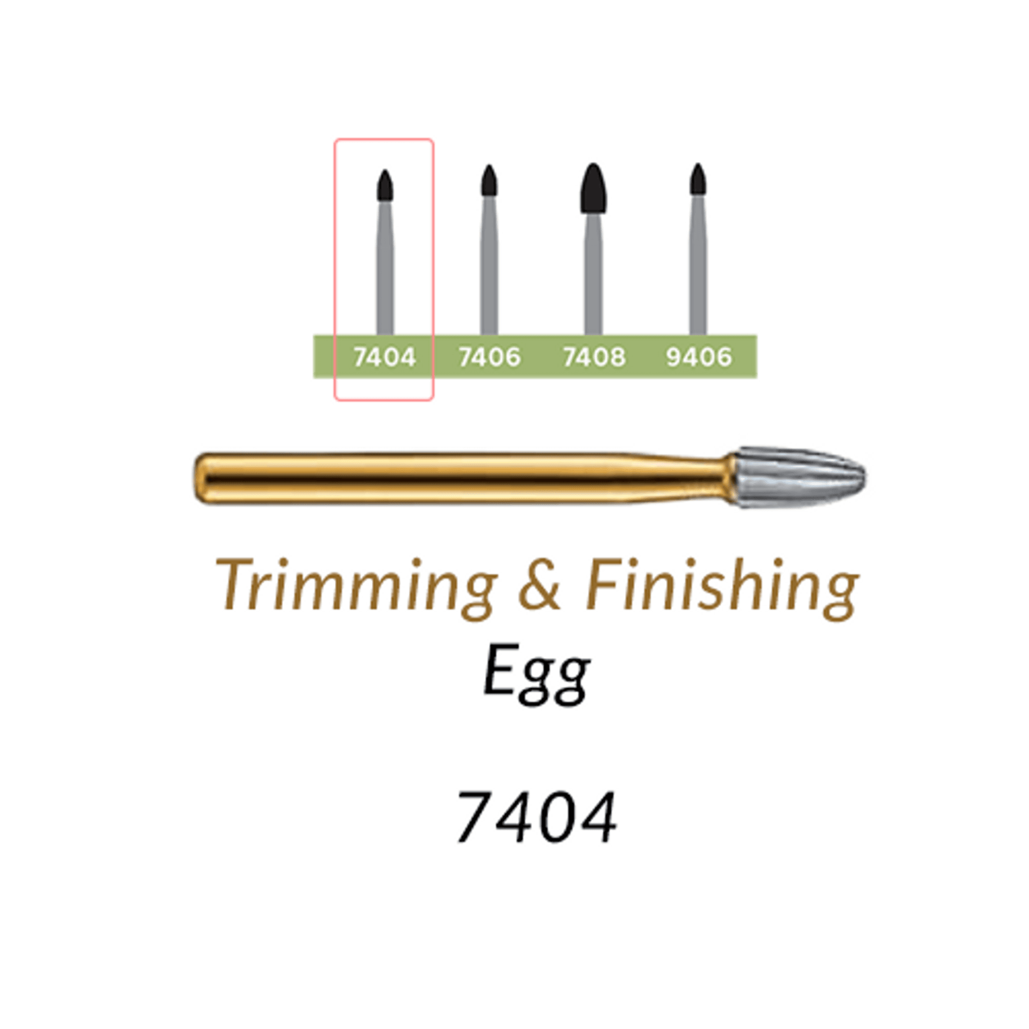 12-Blade Trimming & Finishing Carbide Burs, FG, Egg, #7404, 10/Pk - 12-Blade Trimming & Finishing Carbide Burs, FG, Egg, # 7404, 10/Pk - Image 1