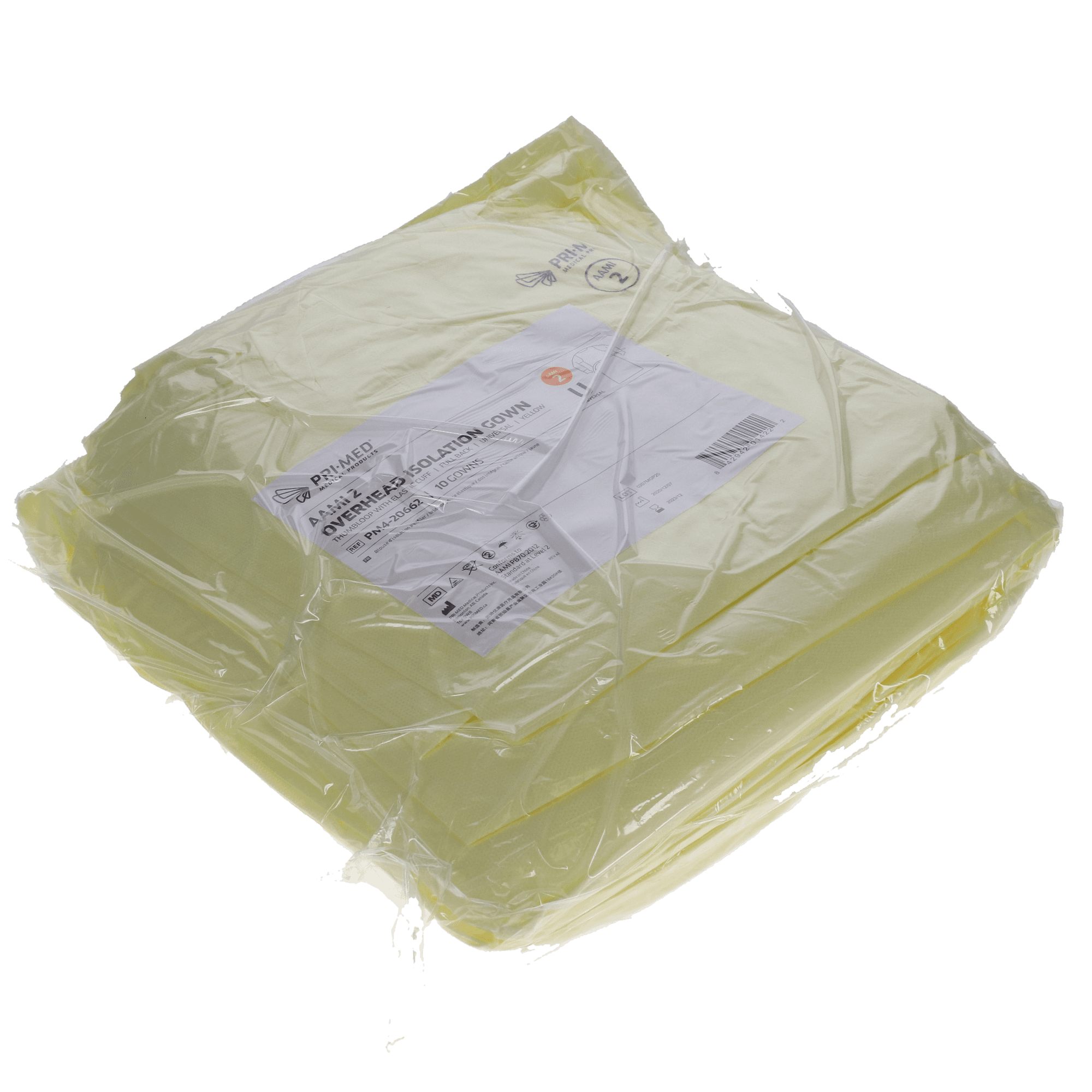 Overhead Isolation Gowns, AAMI Level 2, Thumbloop with Elastic Cuff, Universal, Yellow, 10/Pk, PM4-20662 - Overhead Isolation Gowns, AAMI Level 2, Thumbloop with Elastic Cuff, Universal, Yellow, 10/Pk, PM4-20662 - Image 1
