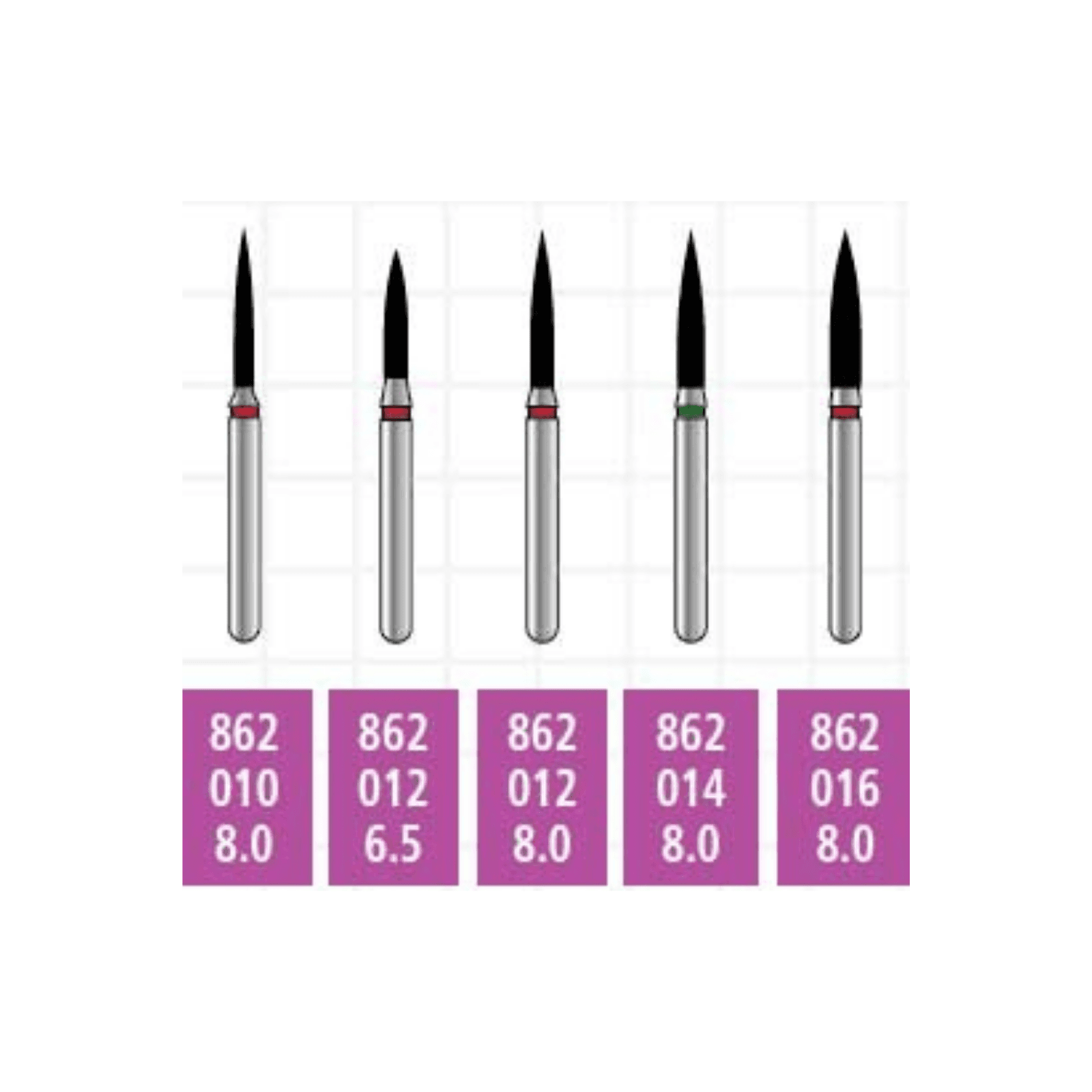 Alpen x1 Sterile Single-Use Diamond Burs, FG, Flame, #862, 1.2 mm, Coarse, Green, 25/Pk, X862C012 - Alpen x1 Sterile Single-Use Diamond Burs, FG, Flame, # 862, 1.2 mm, Coarse, Green, 25/Pk, X862C012 - Image 1