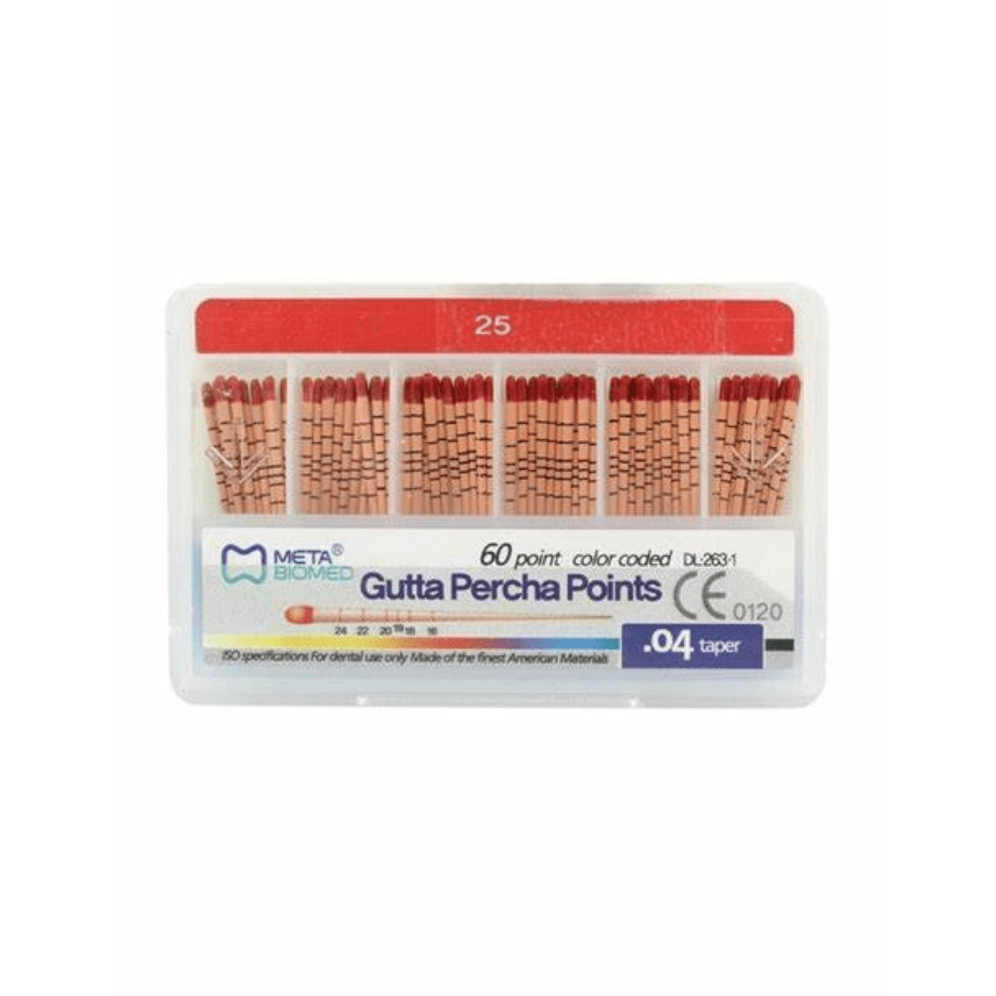 Meta Biomed Gutta Percha Points, .02 Taper, MM Marked, Size #25, Red, 120/Pack, 112520-25 - Gutta Percha Points, Bulk Pack, .02 Taper, MM Marked, # 25, Red, 120/Pk, 112520-25 - Image 1