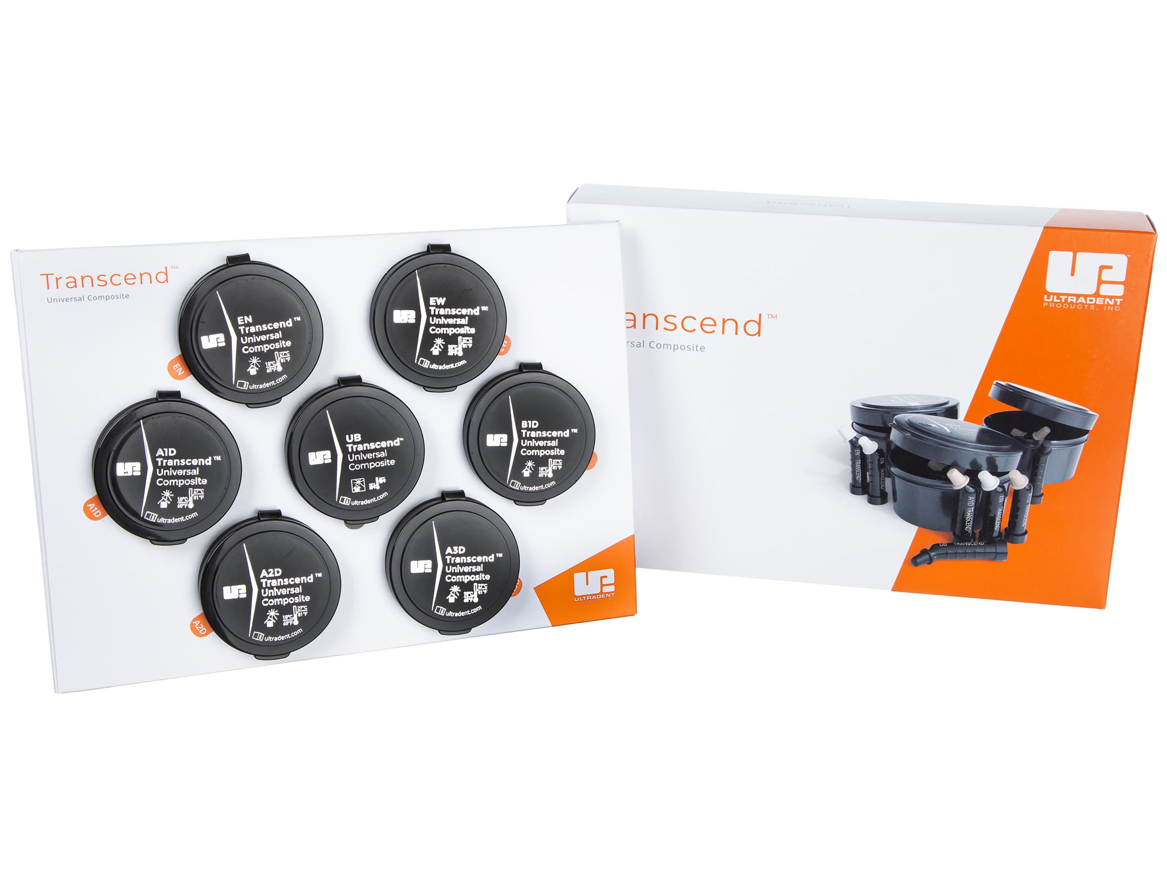 Ultradent Transcend Singles Composite Kit, 70 x 0.2 g Syringes (A1D, A2D, A3D, B1D, Enamel Neutral, Enamel White, Universal Body) - Transcend Singles - Image 1