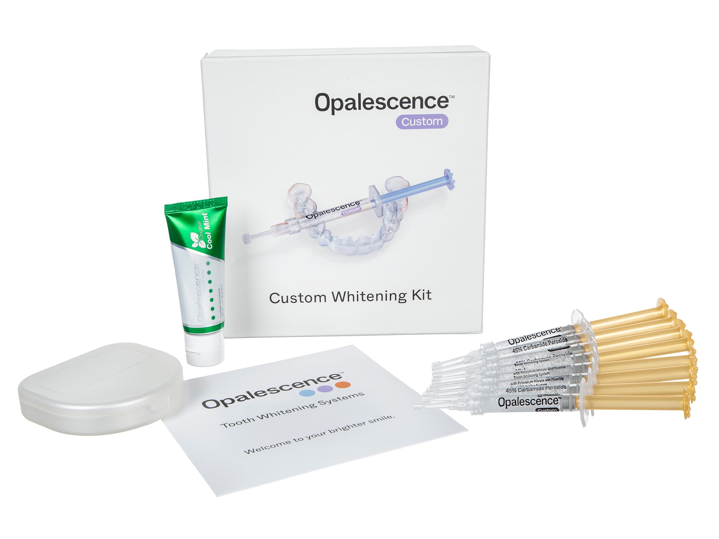 Opalescence Custom Take-Home Whitening Kit, 45% Mint, 8 x 1.2 ml Syringes, with Toothpaste, Tray Case, and Shade Guide - Opalescence Custom - Image 1
