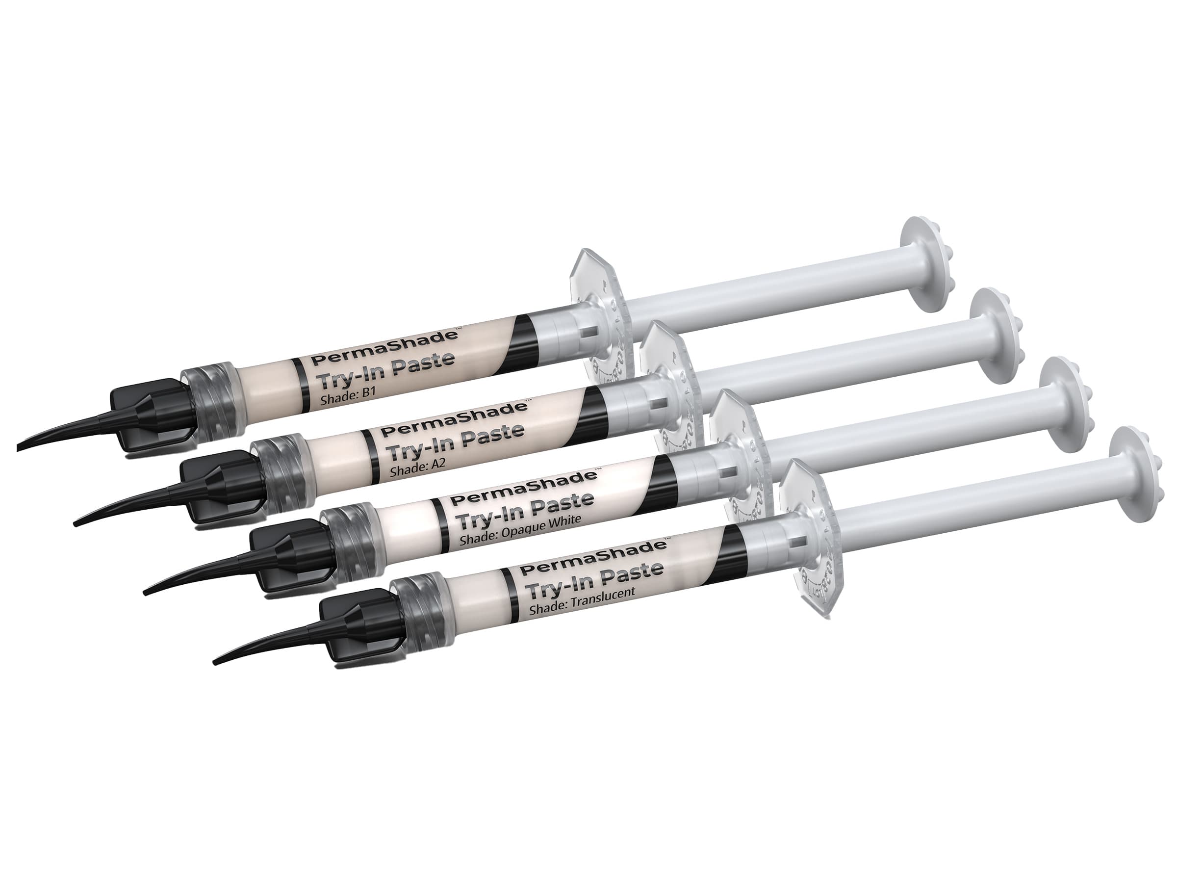 PermaShade Try-In Paste 4pk Kit (Translucent, Opaque White, A2, B1) - 4 x 1.5 g Syringes with 20 Black Mini Tips - PermaShade Try-In Paste 4pk Kit - Image 1