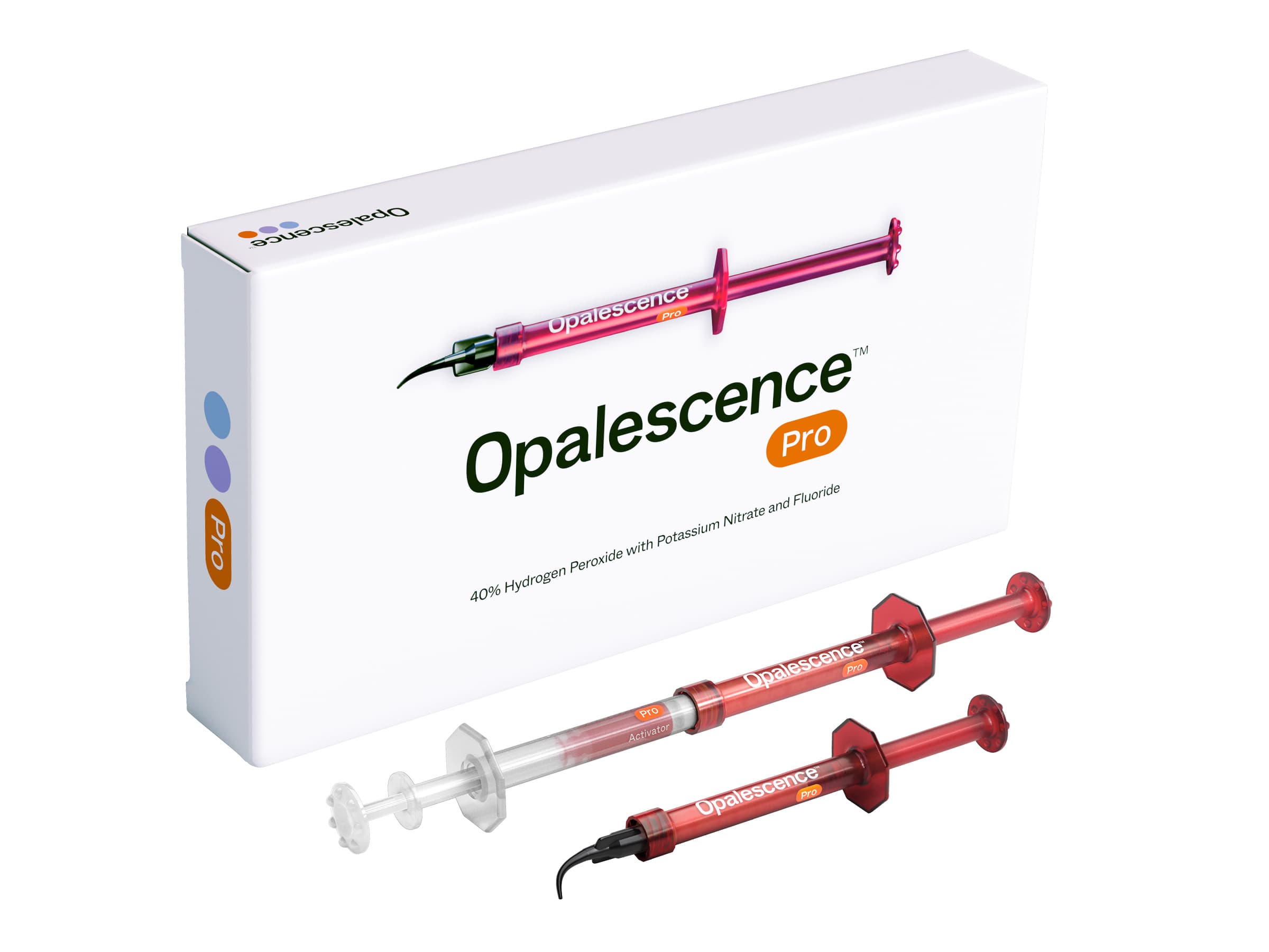 Opalescence Pro 40% Syringe Patient Kit, 2 x 1.2 ml Pro/Activator Syringes, 1 x 1.2 ml OpalDam Green Syringe, 1 Shade Guide Card, 1 IsoBlock, 10 Black Mini Tips - Opalescence Pro 40% Syringe Patient Kit - Image 1