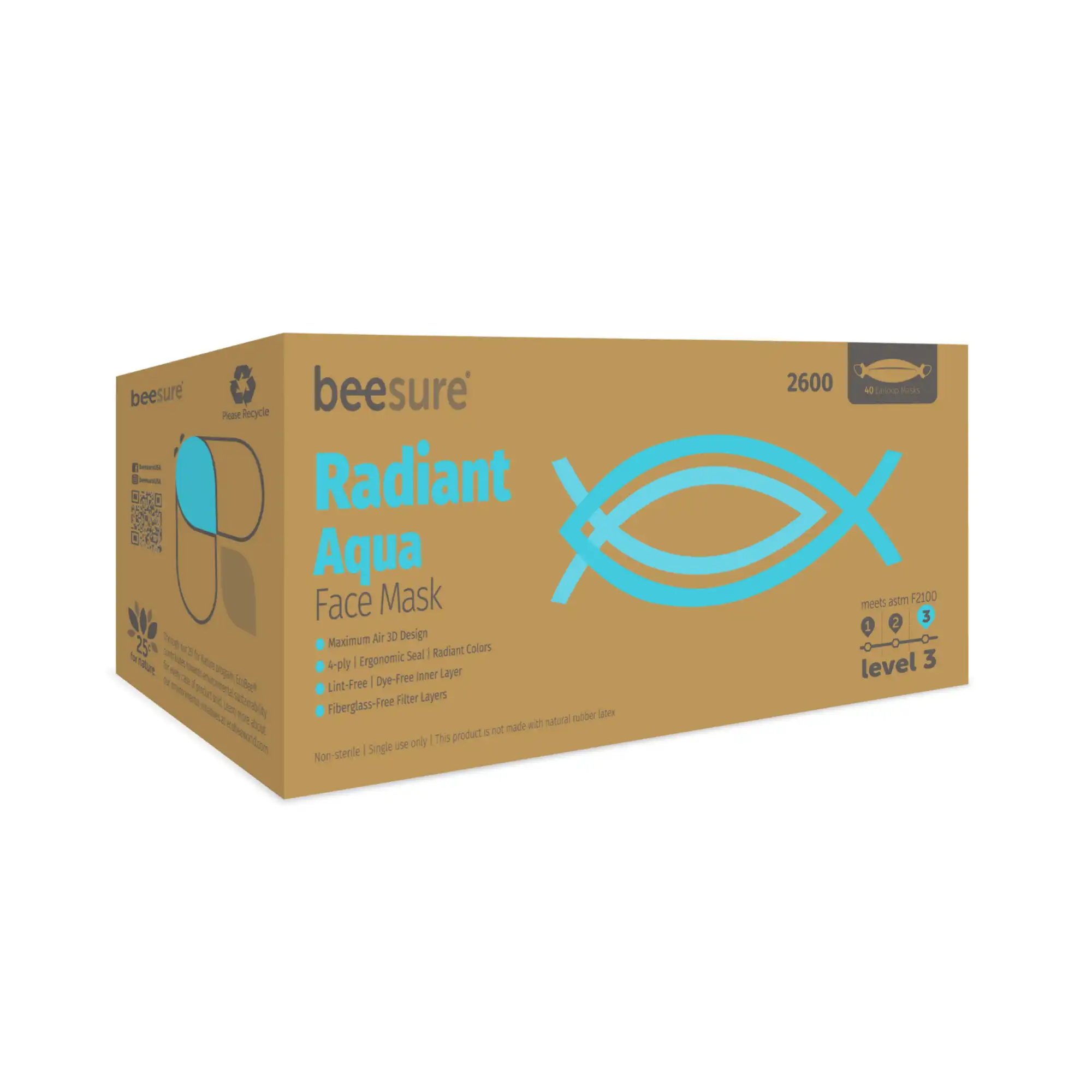 BeeSure Radiant Level 3 Earloop Face Masks, Latex-Free, Aqua, 40/Pk - BeeSure Radiant Masks Level-3 40/Pk Aqua - Image 1