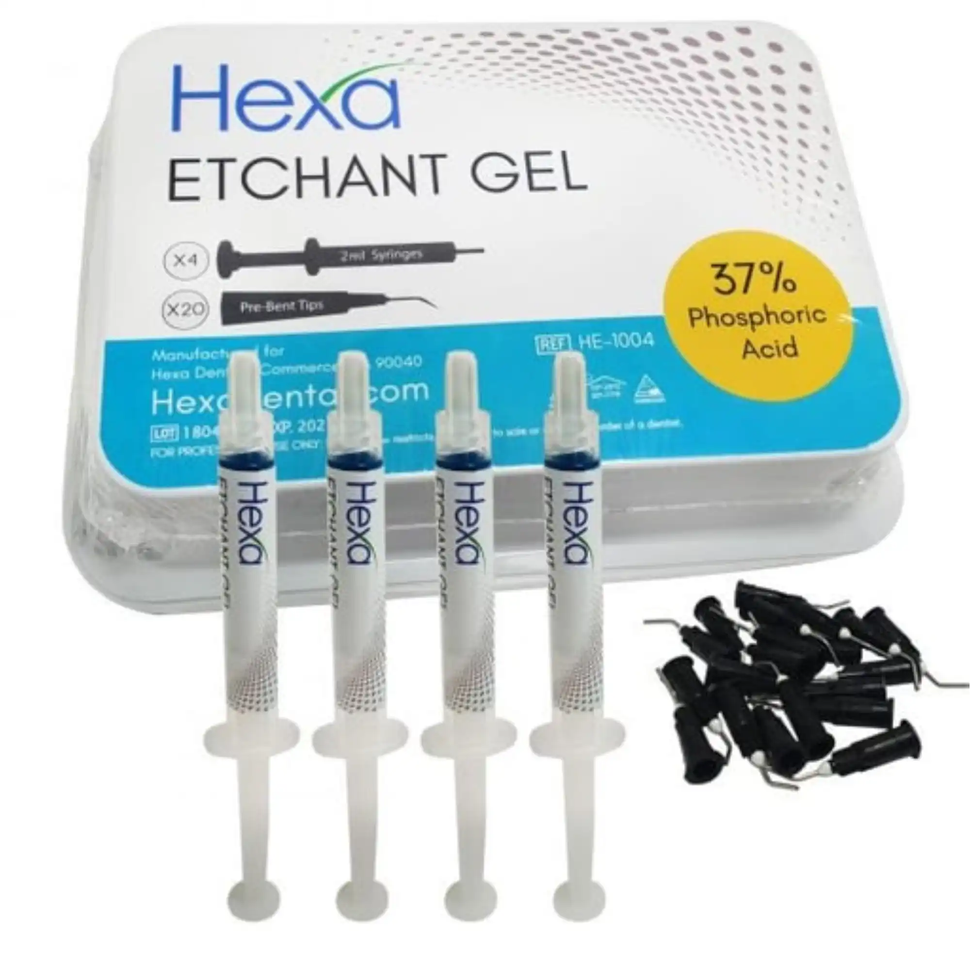 Hexa Etchant Gel 37% Phosphoric Acid Blue, 4 x 2 mL Syringes & 20 Pre-Bent Tips, HE-1004 - Hexa Etchant Gel 37% Phosphoric Acid Blue. 4 2 Ml syrs & 20 Pre Bent Tips, HE-1004 - Image 1