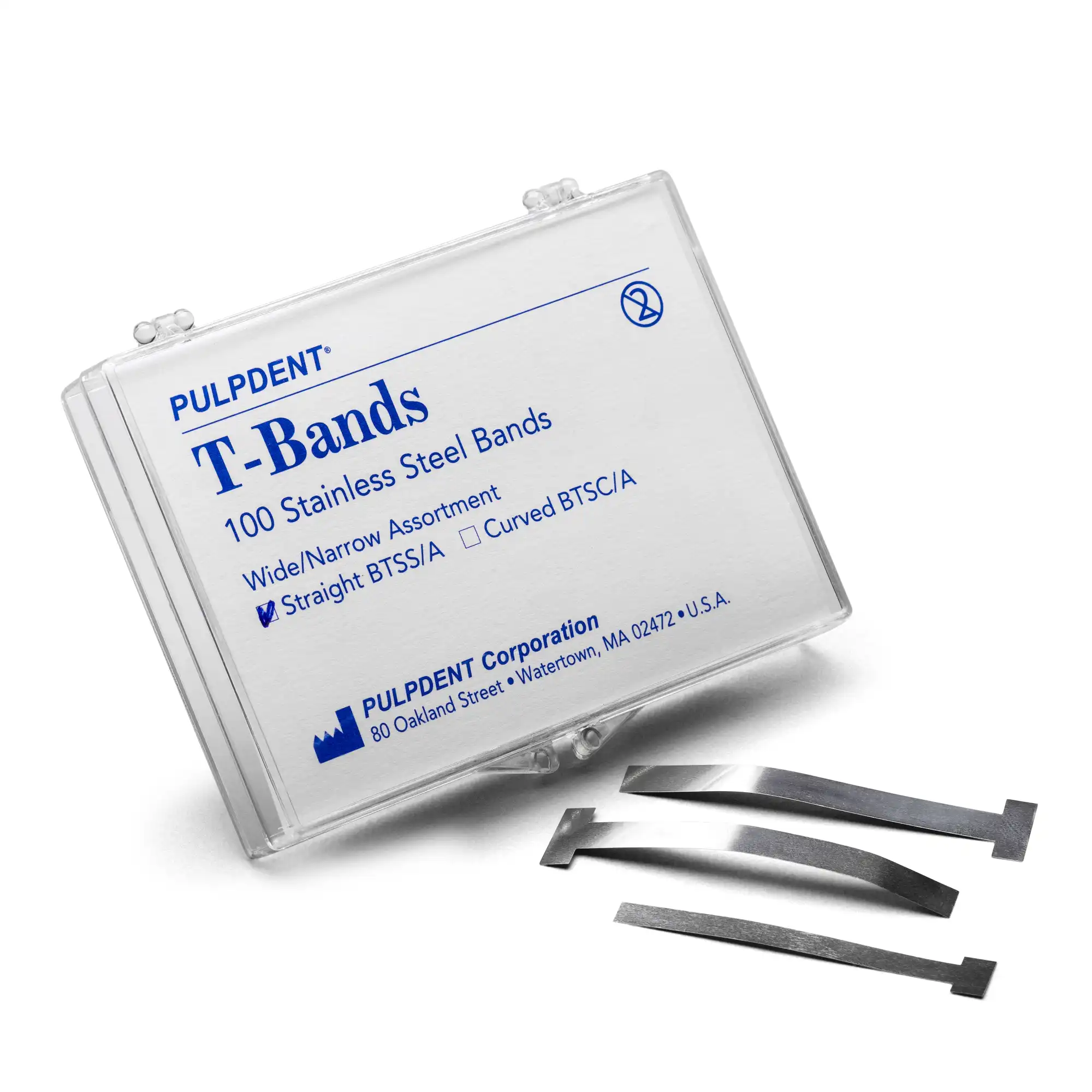 Pulpdent T-Bands, Stainless Steel, Straight, Assorted, 0.002" (0.05 mm) Thick, 100/Box, BTSS/A - T-Bands, Straight, Assorted, Stainless Steel, 100/Pk, BTSS/A - Image 1