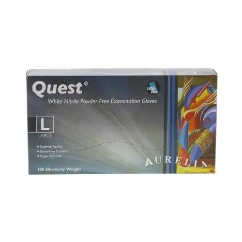 Aurelia® Quest™ White Nitrile Exam Gloves, Powder Free, Non-Sterile, Large, 100/Box, 92898 - Aurelia® Quest™ White Nitrile Gloves, 100/Pkg - Large - Image 1