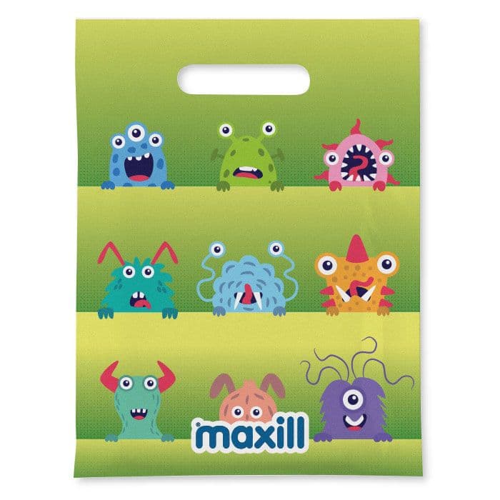 Maxill Kids Plastic Loot Bag, Monster Pattern, 9" x 11.8", 100/Pk - Maxill 9" x 11.8" Plastic Patient Giveaway Bag, Monster Pattern, 100/Pk - Image 1