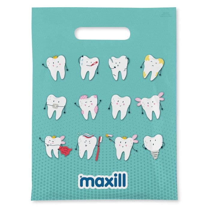Maxill Kids Plastic Patient Giveaway Loot Bag, Tooth Pattern, 9" x 11.8", 100/Pk - Maxill 9" x 11.8" Plastic Patient Giveaway Bag, Tooth Pattern, 100/Pk - Image 1