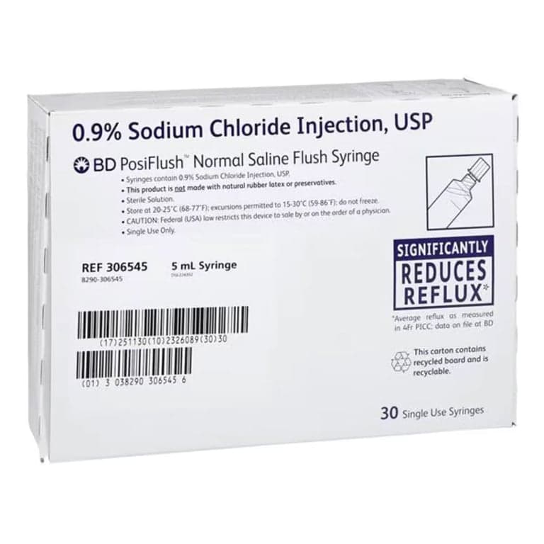 BD PosiFlush 5 mL 0.9% Sodium Chloride Prefilled Syringe, 10 mL Diameter, 30/Box, Case of 16 Boxes, NDC 08290-0920-05 - BD PosiFlush 5 mL of 0.9% Sodium Chloride in 10 mL Diameter Syringe, 30/Box, Case of 16 Boxes - Image 1