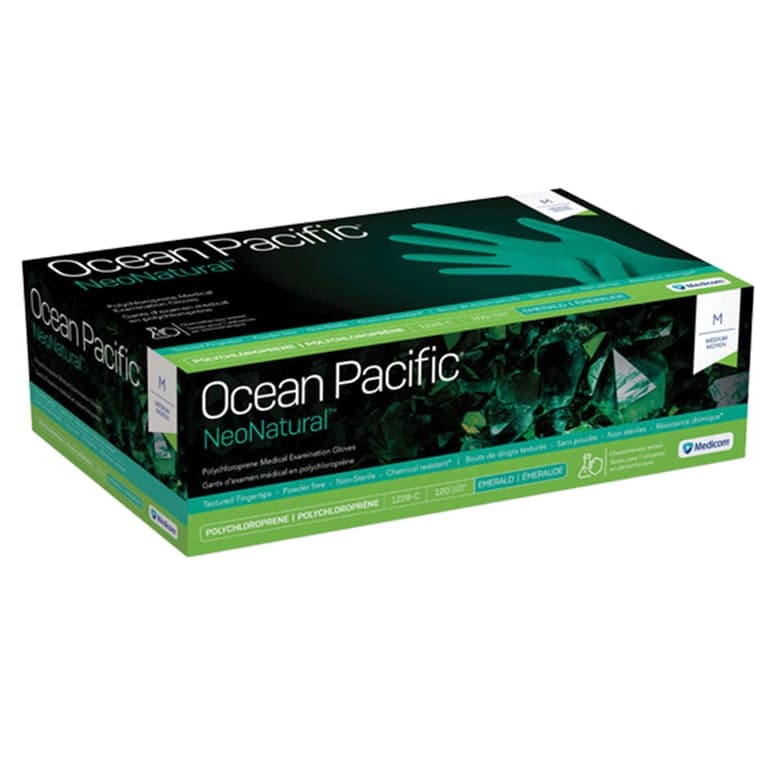 Medicom Ocean Pacific NeoNatural Chloroprene Exam Gloves, Powder Free, Medium, Green, Textured Fingertips, 100/Box - Ocean Pacific NeoNatural Chloroprene Powder Free Exam Gloves, Medium, Green, 100/Bx. Features textured fingertips for a secure grip. - Image 1