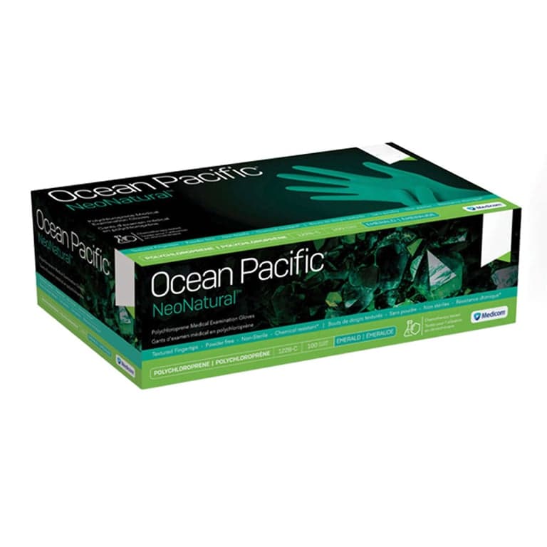 Medicom Ocean Pacific NeoNatural Chloroprene Exam Gloves, Powder Free, Large, Green, Textured Fingertips, 100/Box - Ocean Pacific NeoNatural Chloroprene Powder Free Exam Gloves, Large, Green, 100/Bx. Features textured fingertips for a secure grip. - Image 1