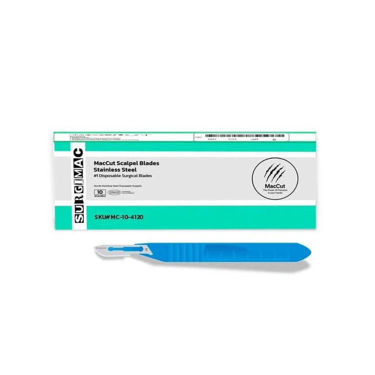 Surgimac MacCut #20 Sterile Stainless Steel Surgical Scalpel with Plastic Handle, 10/Box - MacCut #20 Sterile Stainless Steel Surgical Scalpel Blade with Plastic Handle - Image 1